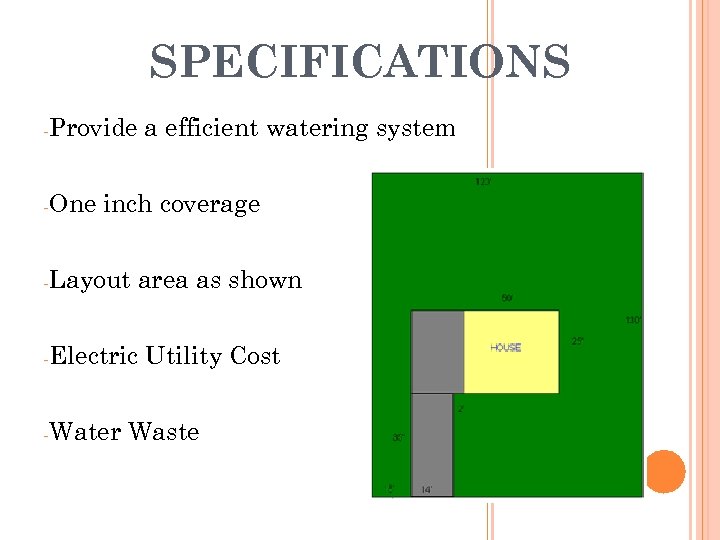 SPECIFICATIONS -Provide -One a efficient watering system inch coverage -Layout area as shown -Electric