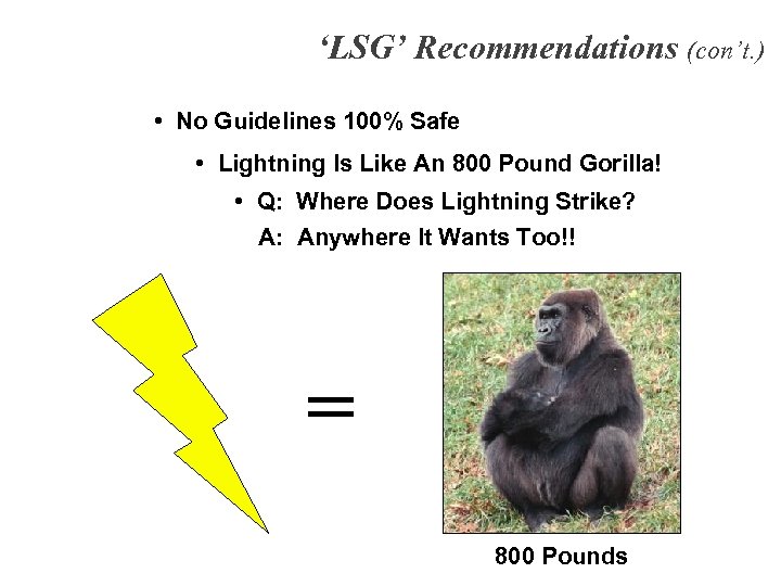 ‘LSG’ Recommendations (con’t. ) • No Guidelines 100% Safe • Lightning Is Like An