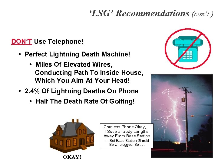 ‘LSG’ Recommendations (con’t. ) DON’T Use Telephone! • Perfect Lightning Death Machine! • Miles