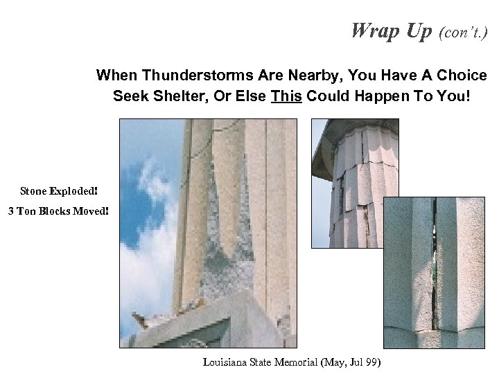 Wrap Up (con’t. ) When Thunderstorms Are Nearby, You Have A Choice Seek Shelter,