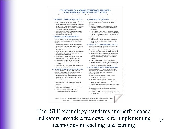 The ISTE technology standards and performance indicators provide a framework for implementing technology in
