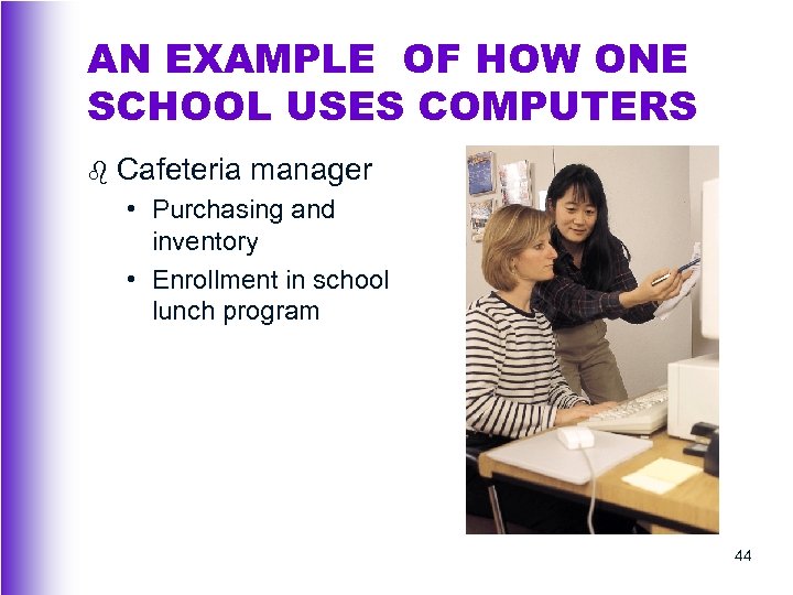 AN EXAMPLE OF HOW ONE SCHOOL USES COMPUTERS b Cafeteria manager • Purchasing and