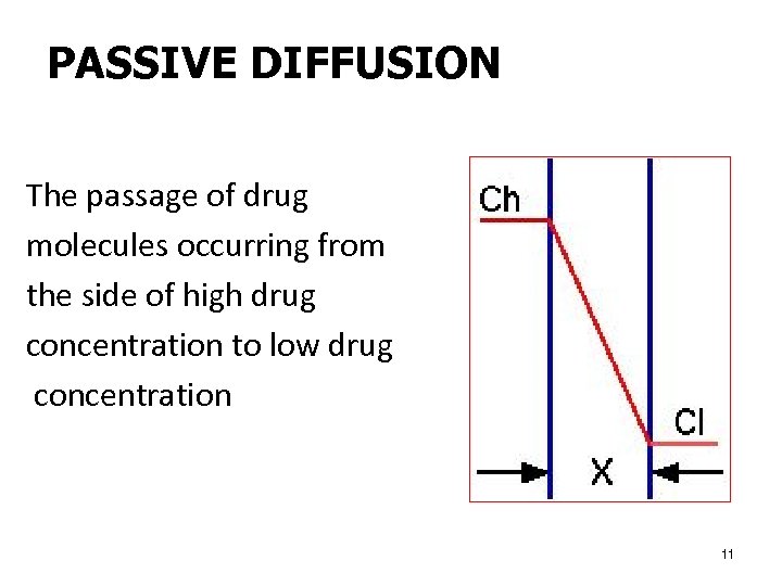 PASSIVE DIFFUSION The passage of drug molecules occurring from the side of high drug