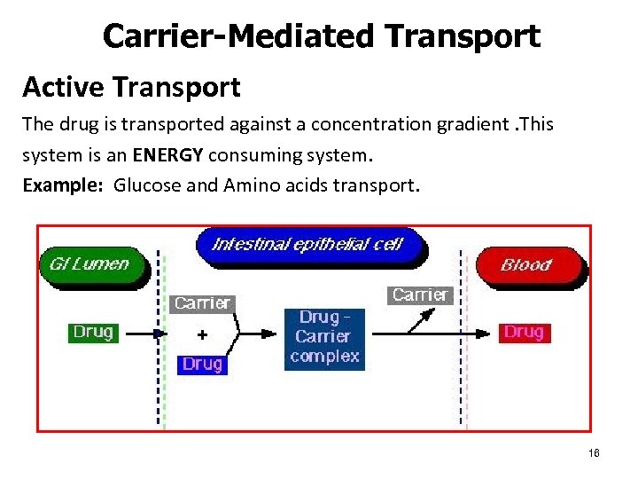 Carrier-Mediated Transport Active Transport The drug is transported against a concentration gradient. This system