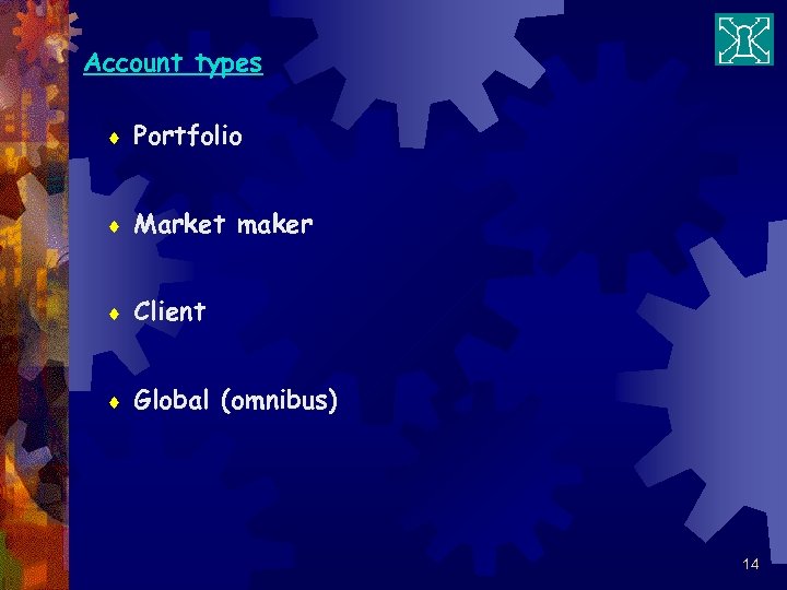 Account types ¨ Portfolio ¨ Market maker ¨ Client ¨ Global (omnibus) 14 