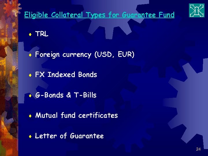 Eligible Collateral Types for Guarantee Fund ¨ TRL ¨ Foreign currency (USD, EUR) ¨