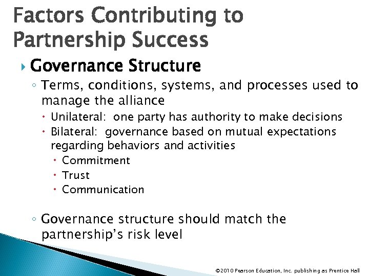 Factors Contributing to Partnership Success Governance Structure ◦ Terms, conditions, systems, and processes used