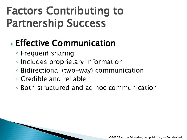 Factors Contributing to Partnership Success Effective Communication ◦ ◦ ◦ Frequent sharing Includes proprietary