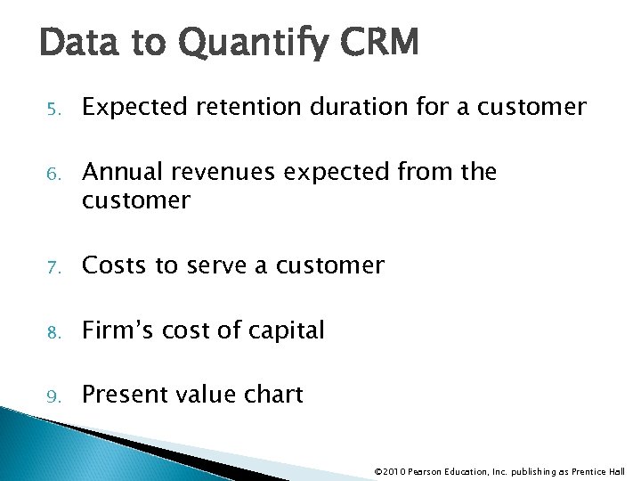 Data to Quantify CRM 5. Expected retention duration for a customer 6. Annual revenues