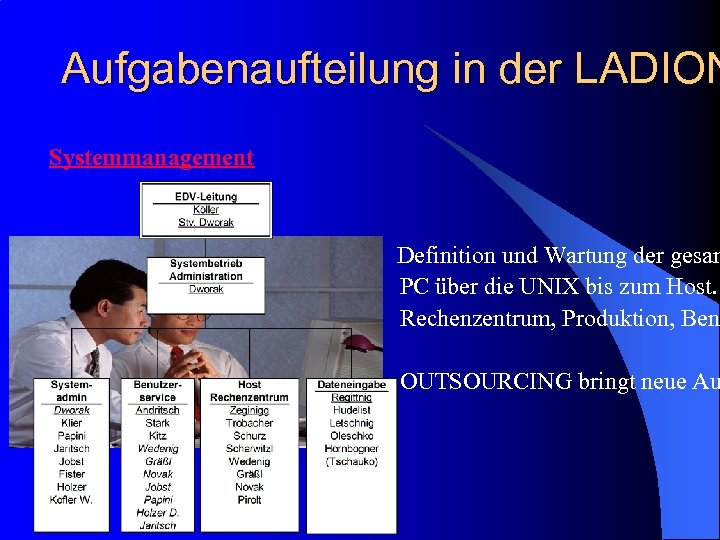 Aufgabenaufteilung in der LADION Systemmanagement Definition und Wartung der gesam PC über die UNIX