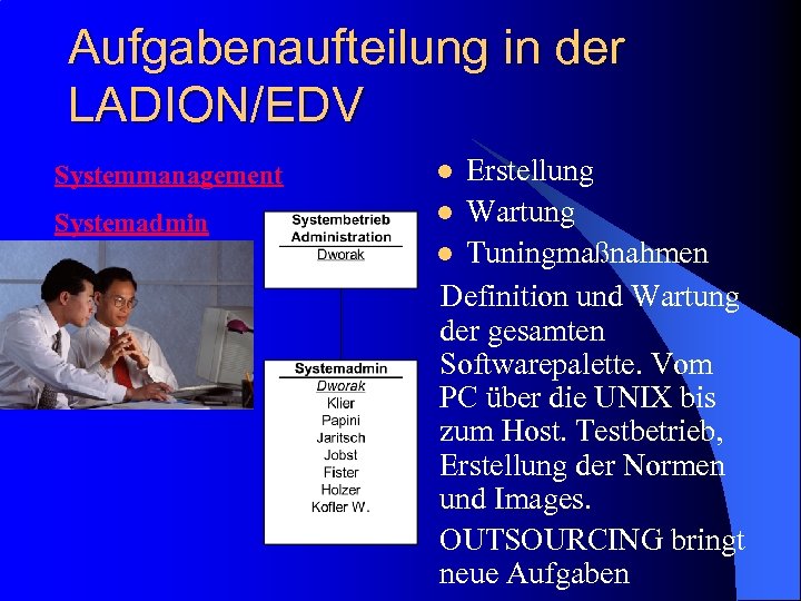 Aufgabenaufteilung in der LADION/EDV Systemmanagement Systemadmin Erstellung l Wartung l Tuningmaßnahmen Definition und Wartung