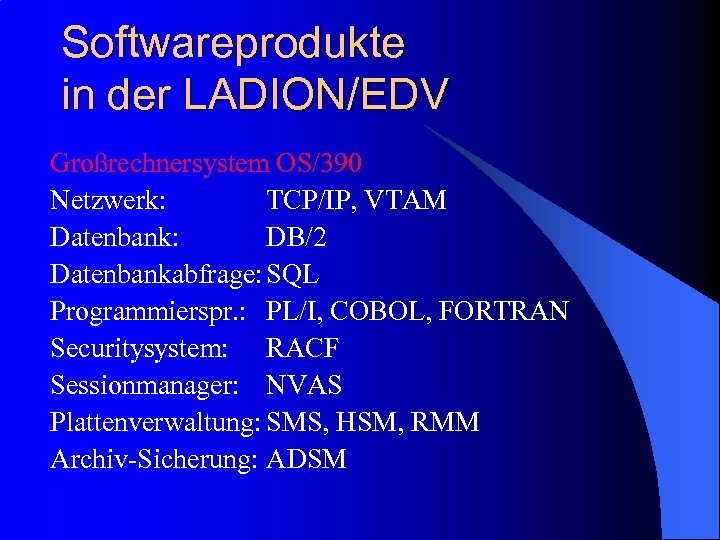 Softwareprodukte in der LADION/EDV Großrechnersystem OS/390 Netzwerk: TCP/IP, VTAM Datenbank: DB/2 Datenbankabfrage: SQL Programmierspr.