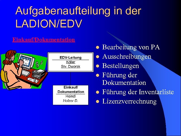 Aufgabenaufteilung in der LADION/EDV Einkauf/Dokumentation l l l Bearbeitung von PA Ausschreibungen Bestellungen Führung