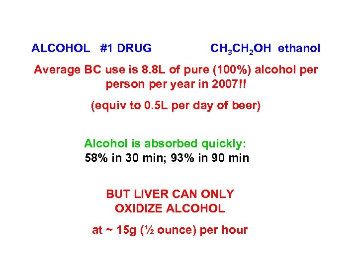 ALCOHOL #1 DRUG CH 3 CH 2 OH ethanol Average BC use is 8.