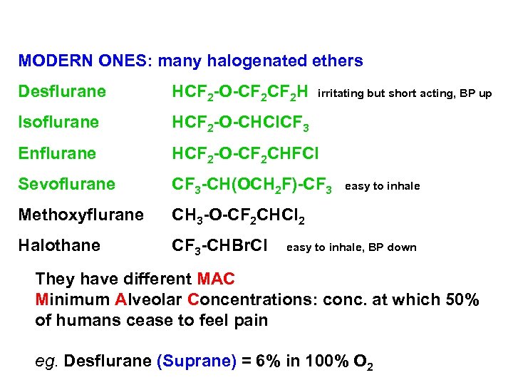 MODERN ONES: many halogenated ethers Desflurane HCF 2 -O-CF 2 H Isoflurane HCF 2