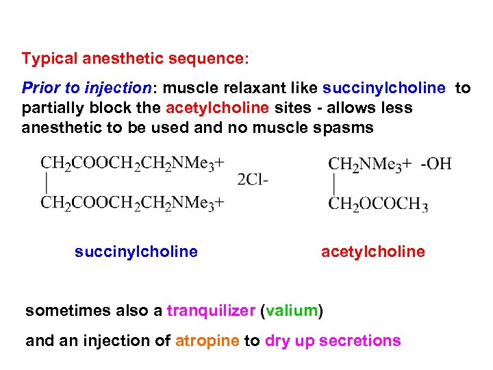 Typical anesthetic sequence: Prior to injection: muscle relaxant like succinylcholine to partially block the