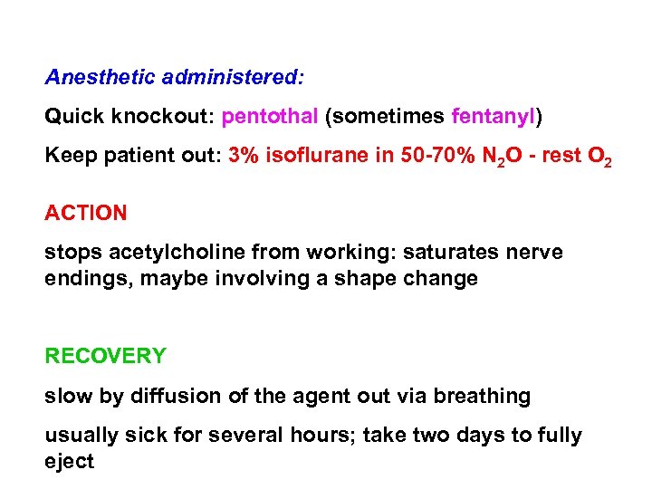 Anesthetic administered: Quick knockout: pentothal (sometimes fentanyl) Keep patient out: 3% isoflurane in 50