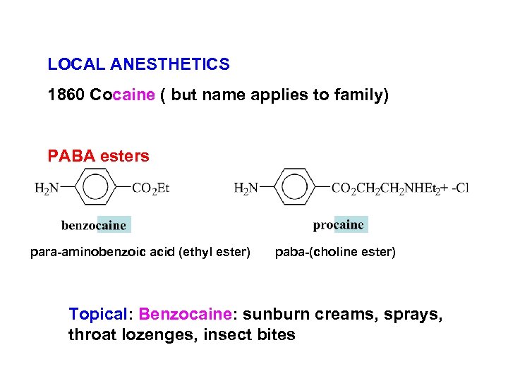 LOCAL ANESTHETICS 1860 Cocaine ( but name applies to family) PABA esters para-aminobenzoic acid