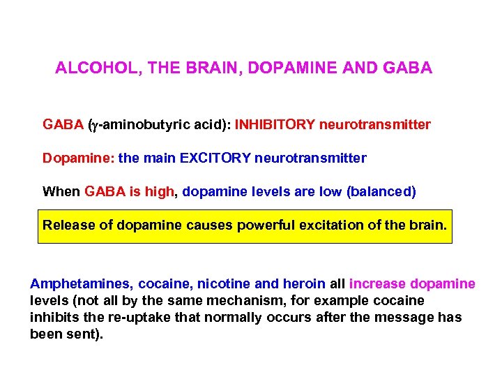 ALCOHOL, THE BRAIN, DOPAMINE AND GABA (g-aminobutyric acid): INHIBITORY neurotransmitter Dopamine: the main EXCITORY