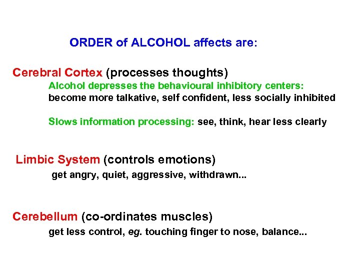 ORDER of ALCOHOL affects are: Cerebral Cortex (processes thoughts) Alcohol depresses the behavioural inhibitory