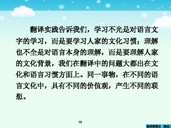 翻译实践告诉我们，学习不光是对语言文 字的学习，而是要学习人家的文化习惯；理解 也不全是对语言本身的理解，而是要理解人家 的文化背景，我们在翻译中的问题大都出在文 化和语言习惯方面上。同一事物，在不同的语 言文化中，具有不同的价值观，产生不同的联 想。 10 返回章重点 退出 