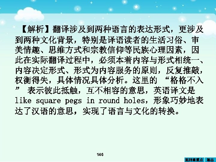 【解析】翻译涉及到两种语言的表达形式，更涉及 到两种文化背景，特别是译语读者的生活习俗、审 美情趣、思维方式和宗教信仰等民族心理因素，因 此在实际翻译过程中，必须本着内容与形式相统一、 内容决定形式、形式为内容服务的原则，反复推敲， 权衡得失，具体情况具体分析。这里的 “格格不入 ” 表示彼此抵触，互不相容的意思，英语译文是 like square pegs in round