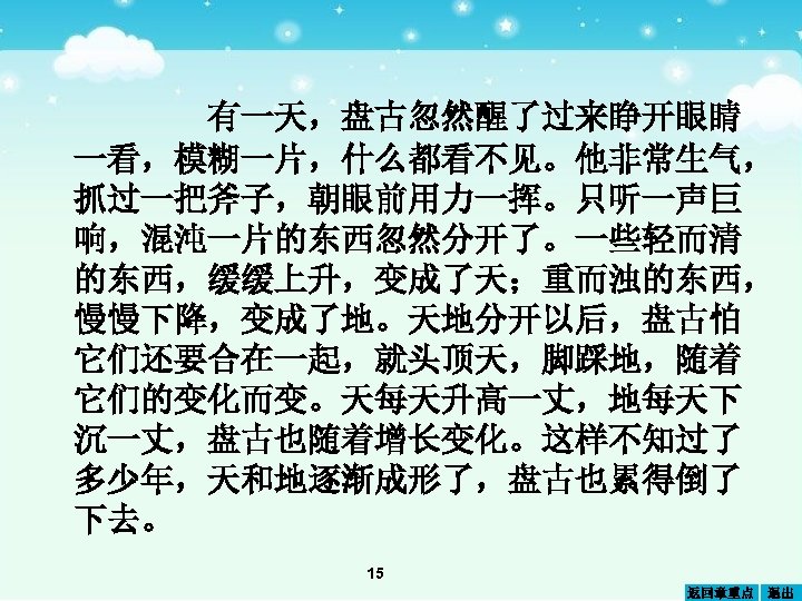 有一天，盘古忽然醒了过来睁开眼睛 一看，模糊一片，什么都看不见。他非常生气， 抓过一把斧子，朝眼前用力一挥。只听一声巨 响，混沌一片的东西忽然分开了。一些轻而清 的东西，缓缓上升，变成了天；重而浊的东西， 慢慢下降，变成了地。天地分开以后，盘古怕 它们还要合在一起，就头顶天，脚踩地，随着 它们的变化而变。天每天升高一丈，地每天下 沉一丈，盘古也随着增长变化。这样不知过了 多少年，天和地逐渐成形了，盘古也累得倒了 下去。 15 返回章重点 退出