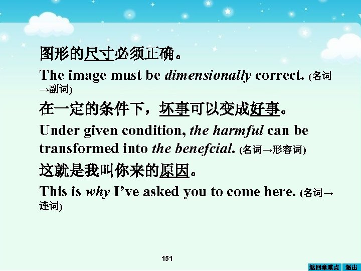 图形的尺寸必须正确。 The image must be dimensionally correct. (名词 →副词) 在一定的条件下，坏事可以变成好事。 Under given condition, the