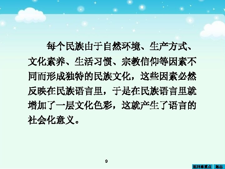 每个民族由于自然环境、生产方式、 文化素养、生活习惯、宗教信仰等因素不 同而形成独特的民族文化，这些因素必然 反映在民族语言里，于是在民族语言里就 增加了一层文化色彩，这就产生了语言的 社会化意义。 9 返回章重点 退出 