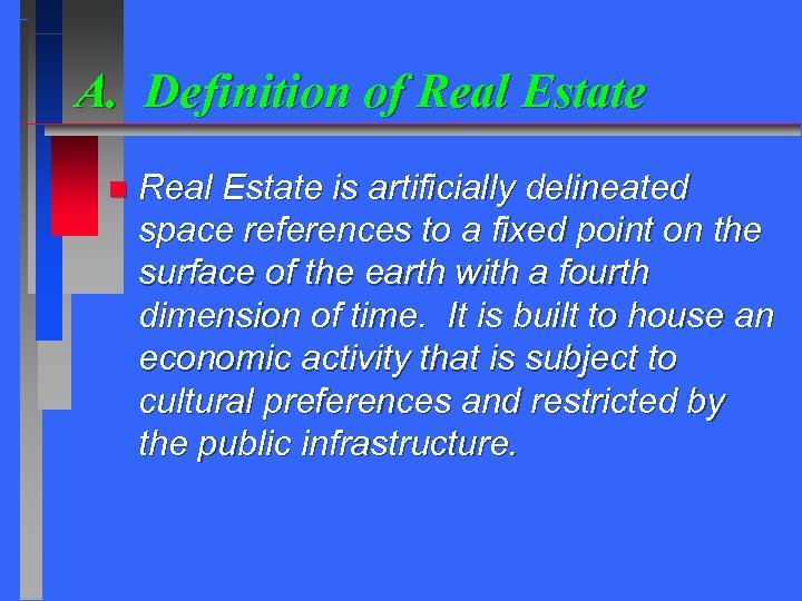 A. Definition of Real Estate n Real Estate is artificially delineated space references to