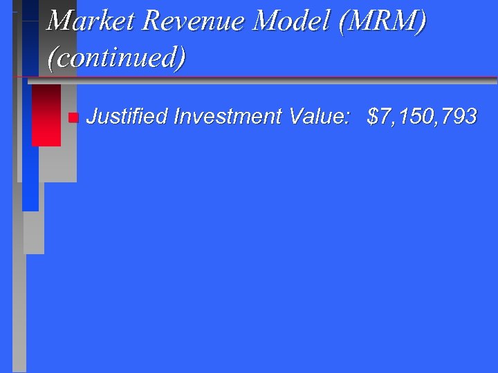 Market Revenue Model (MRM) (continued) n Justified Investment Value: $7, 150, 793 