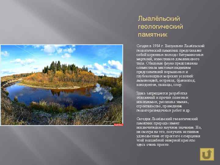 Лыалёльский геологический памятник Создан в 1984 г. Визуально Лыаёльский геологический памятник представляет собой коренные