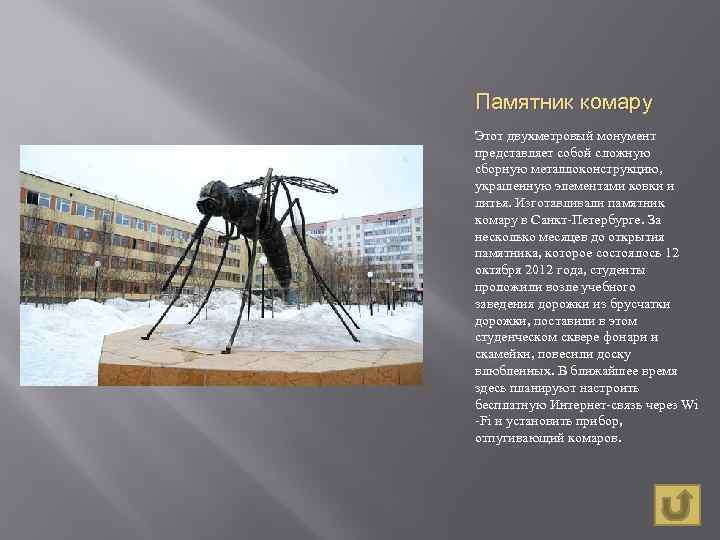 Памятник комару Этот двухметровый монумент представляет собой сложную сборную металлоконструкцию, украшенную элементами ковки и