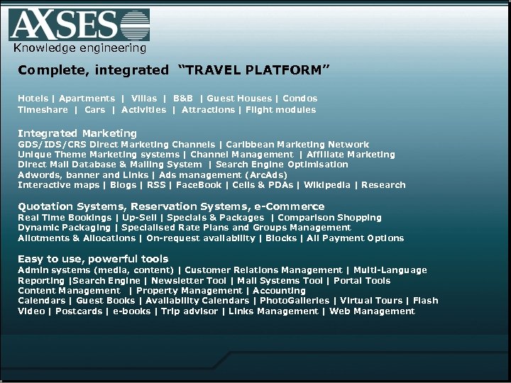 Knowledge engineering Complete, integrated “TRAVEL PLATFORM” Hotels | Apartments | Villas | B&B |