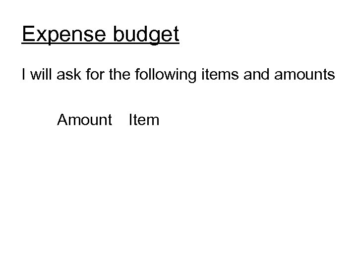 Expense budget I will ask for the following items and amounts Amount Item 