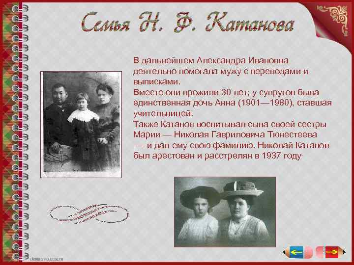 Семья Н. Ф. Катанова В дальнейшем Александра Ивановна деятельно помогала мужу с переводами и