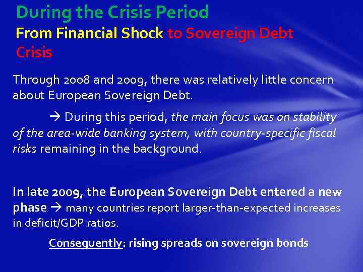 During the Crisis Period From Financial Shock to Sovereign Debt Crisis Through 2008 and