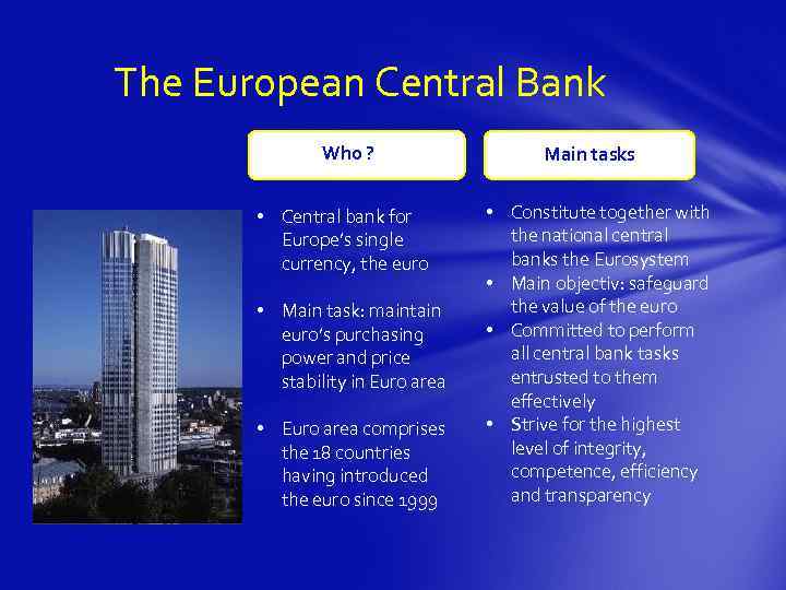 The European Central Bank Who ? • Central bank for Europe’s single currency, the