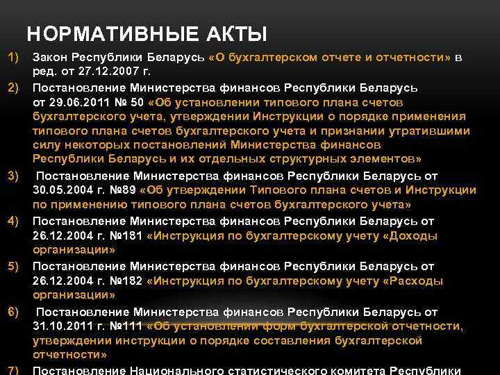 НОРМАТИВНЫЕ АКТЫ 1) 2) 3) 4) 5) 6) Закон Республики Беларусь «О бухгалтерском отчете