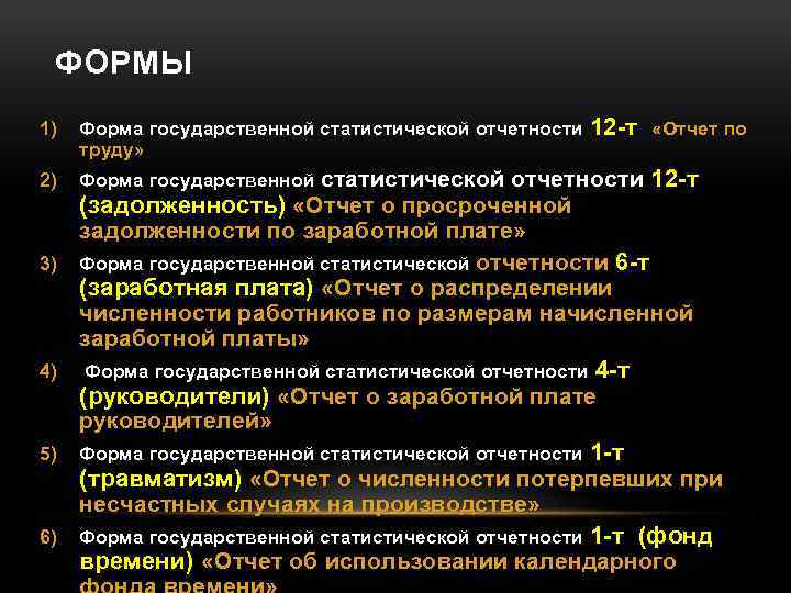 ФОРМЫ 1) Форма государственной статистической отчетности 12 -т «Отчет по труду» 2) Форма государственной
