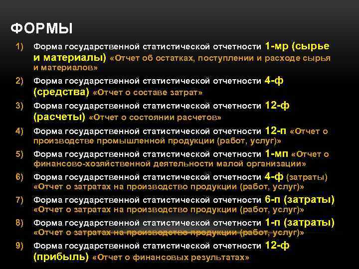 ФОРМЫ 1) Форма государственной статистической отчетности 1 -мр (сырье и материалы) «Отчет об остатках,