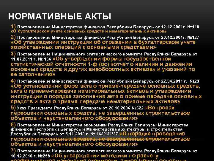 НОРМАТИВНЫЕ АКТЫ 1) Постановление Министерства финансов Республики Беларусь от 12. 2001 г. № 118