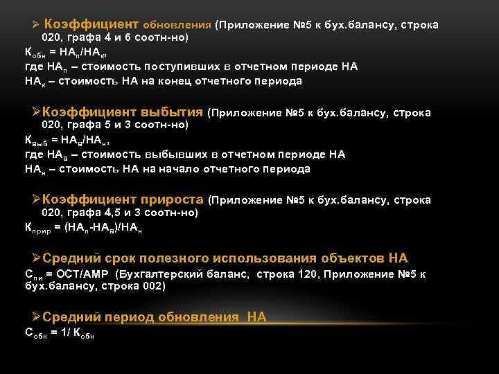 Ø Коэффициент обновления (Приложение № 5 к бух. балансу, строка 020, графа 4 и