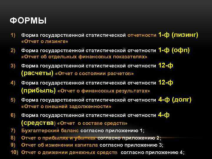 ФОРМЫ 1) Форма государственной статистической отчетности 1 -ф (лизинг) «Отчет о лизинге» 2) Форма