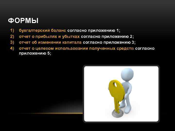 ФОРМЫ 1) 2) 3) 4) бухгалтерский баланс согласно приложению 1; отчет о прибылях и