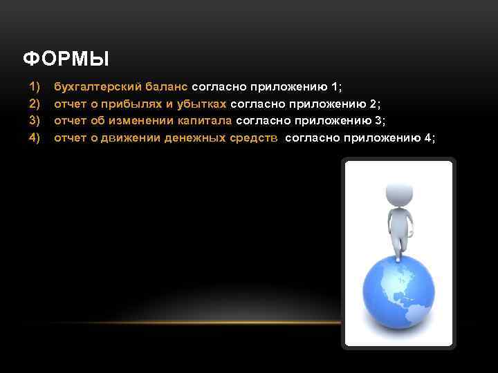 ФОРМЫ 1) 2) 3) 4) бухгалтерский баланс согласно приложению 1; отчет о прибылях и