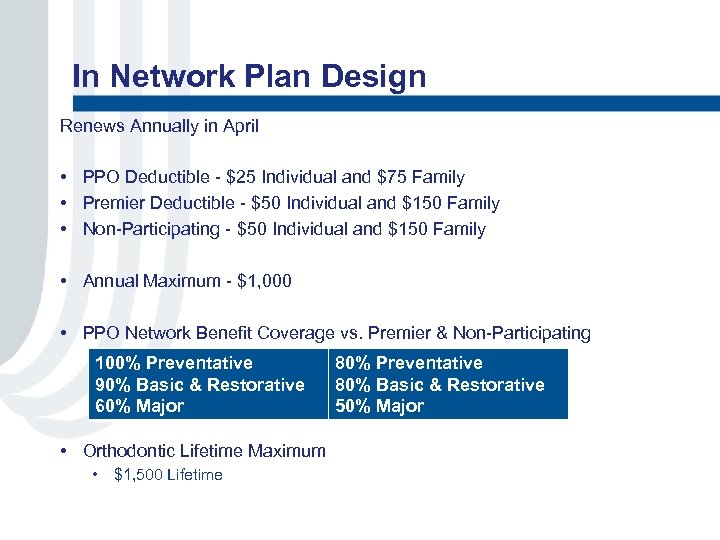 In Network Plan Design Renews Annually in April • PPO Deductible - $25 Individual