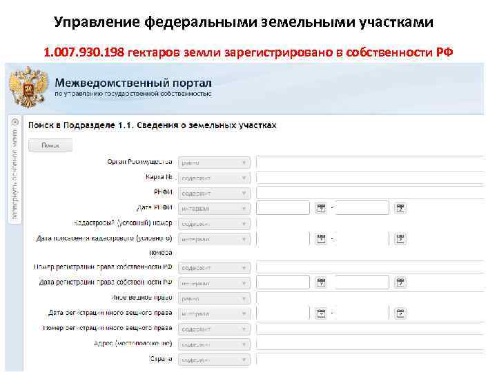 Управление федеральными земельными участками 1. 007. 930. 198 гектаров земли зарегистрировано в собственности РФ