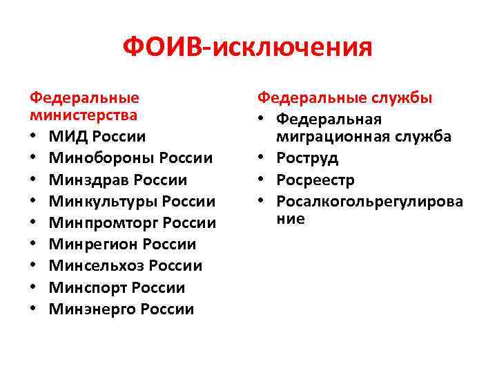 ФОИВ-исключения Федеральные министерства • МИД России • Минобороны России • Минздрав России • Минкультуры