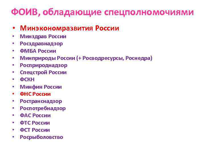 ФОИВ, обладающие спецполномочиями • Минэкономразвития России • • • • Минздрав России Росздравнадзор ФМБА